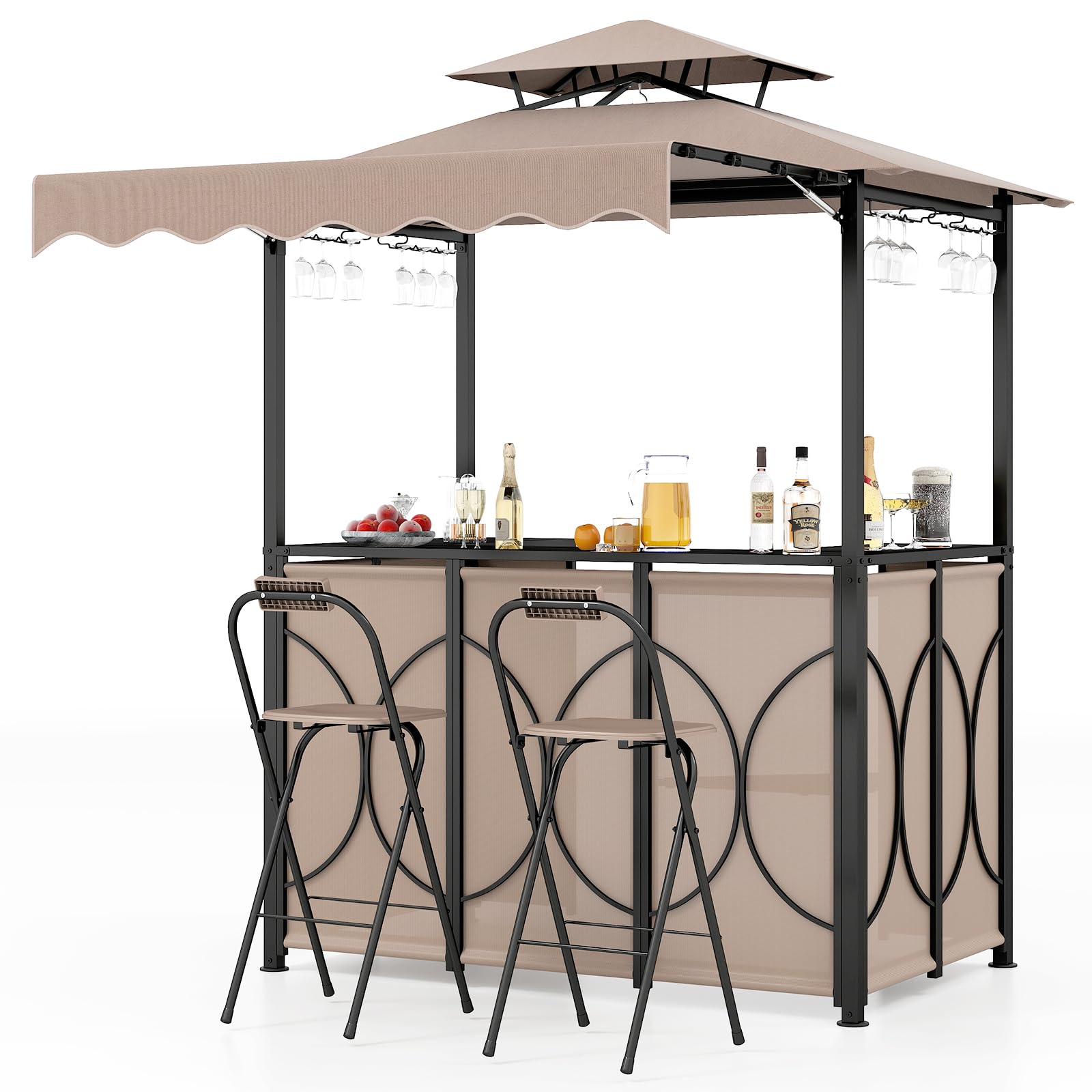 Tangkula 3 Piece Patio Bar Set with Awning for Patio Poolside Garden Backyard